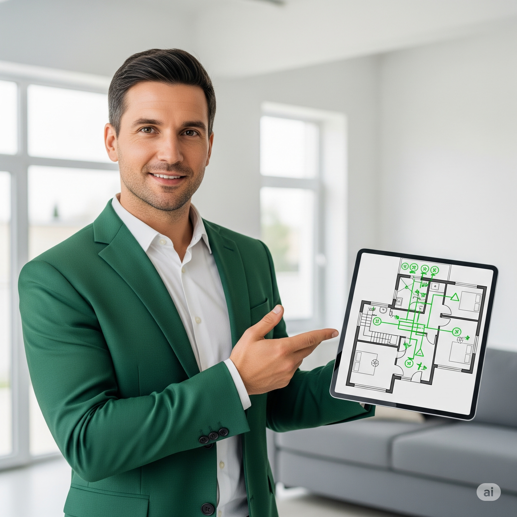 Mann zeigt Tablet mit Grundriss