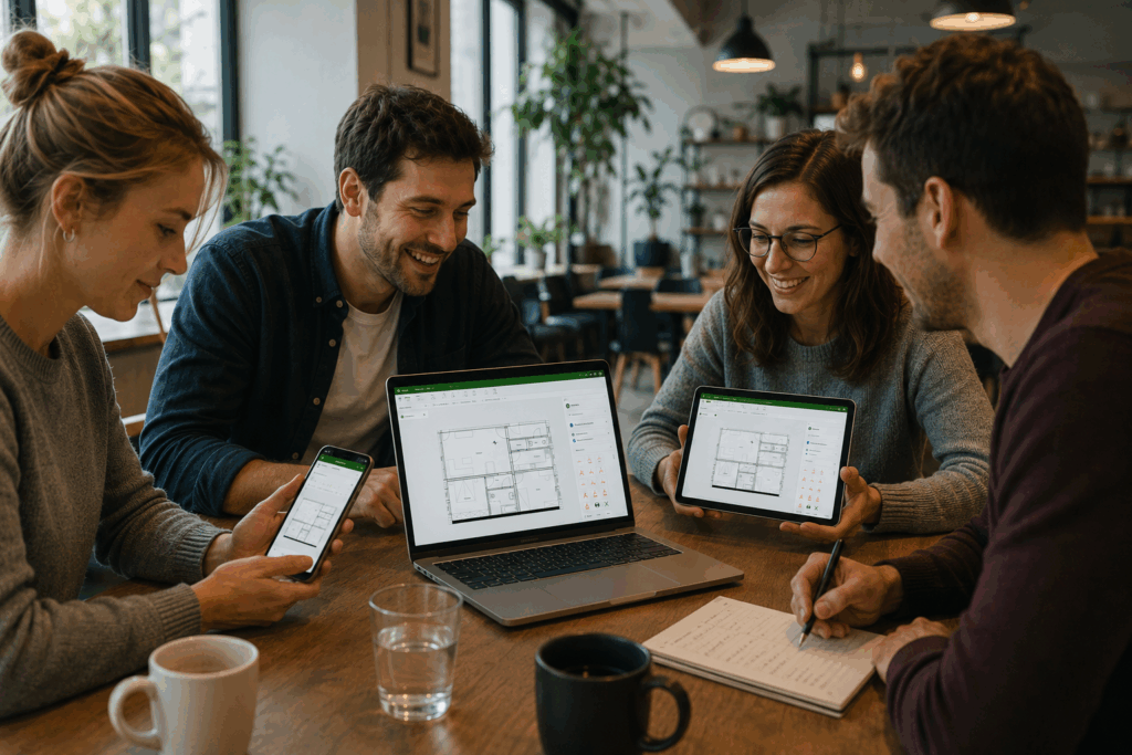 Team bespricht Elektroplan am Laptop, Tablet und Smartphone