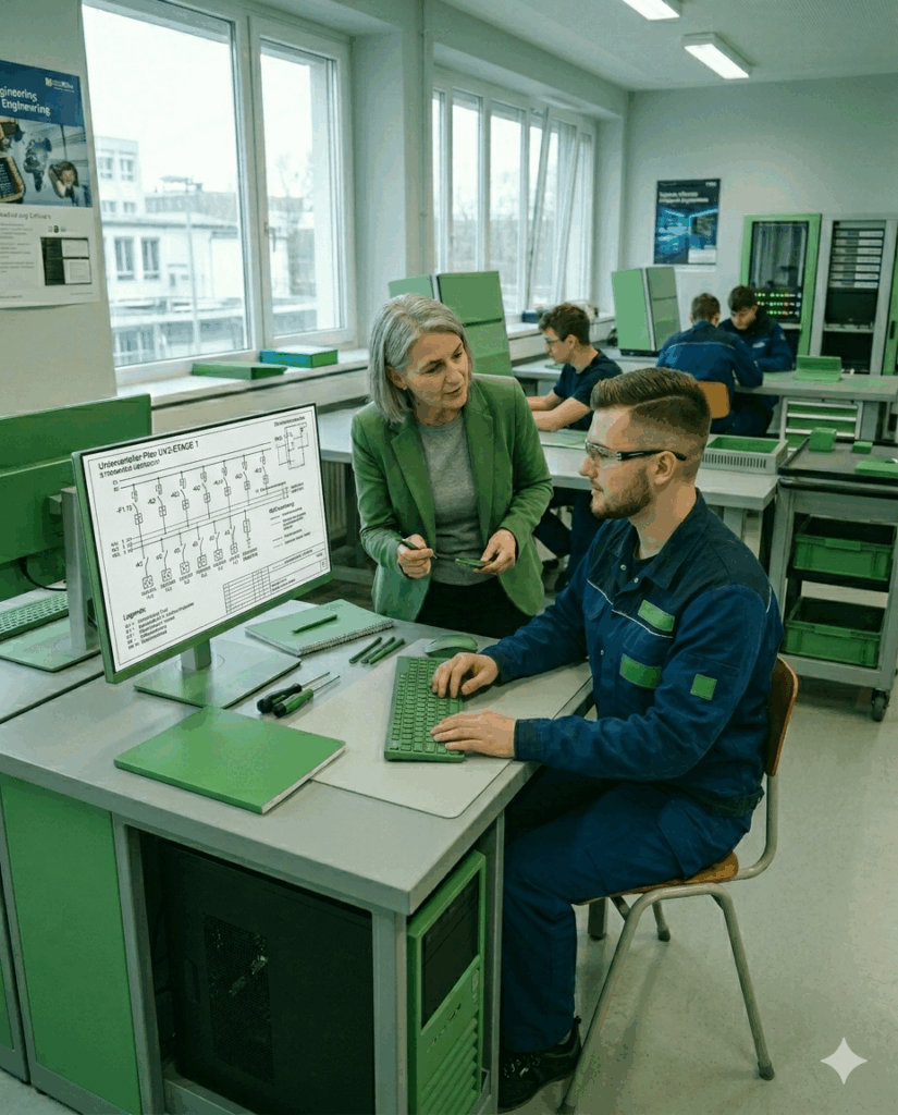 Lehrerin unterstützt Schüler am Computer im Technikraum