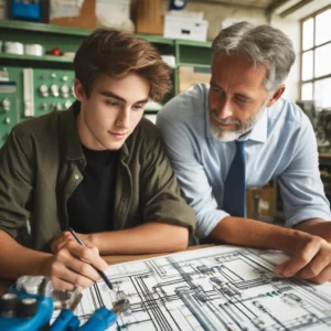 Älterer Ingenieur unterrichtet jungen Studenten in Elektroplnaung mit rc-Editor