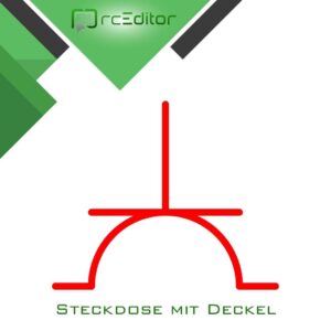 Steckdose mit Deckel, rotes Symbol, rcEditor-Logo.