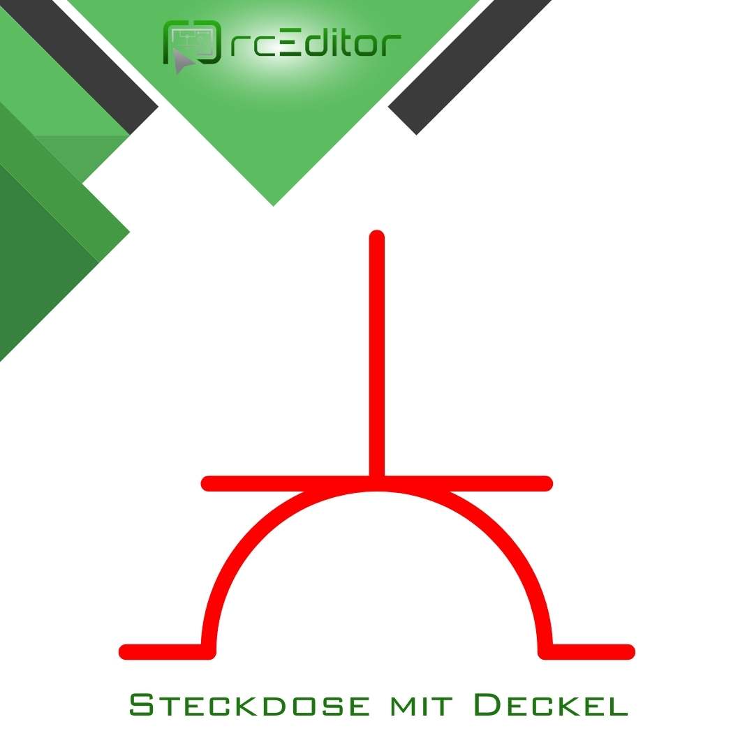 Steckdose mit Deckel, rotes Symbol, rcEditor-Logo.