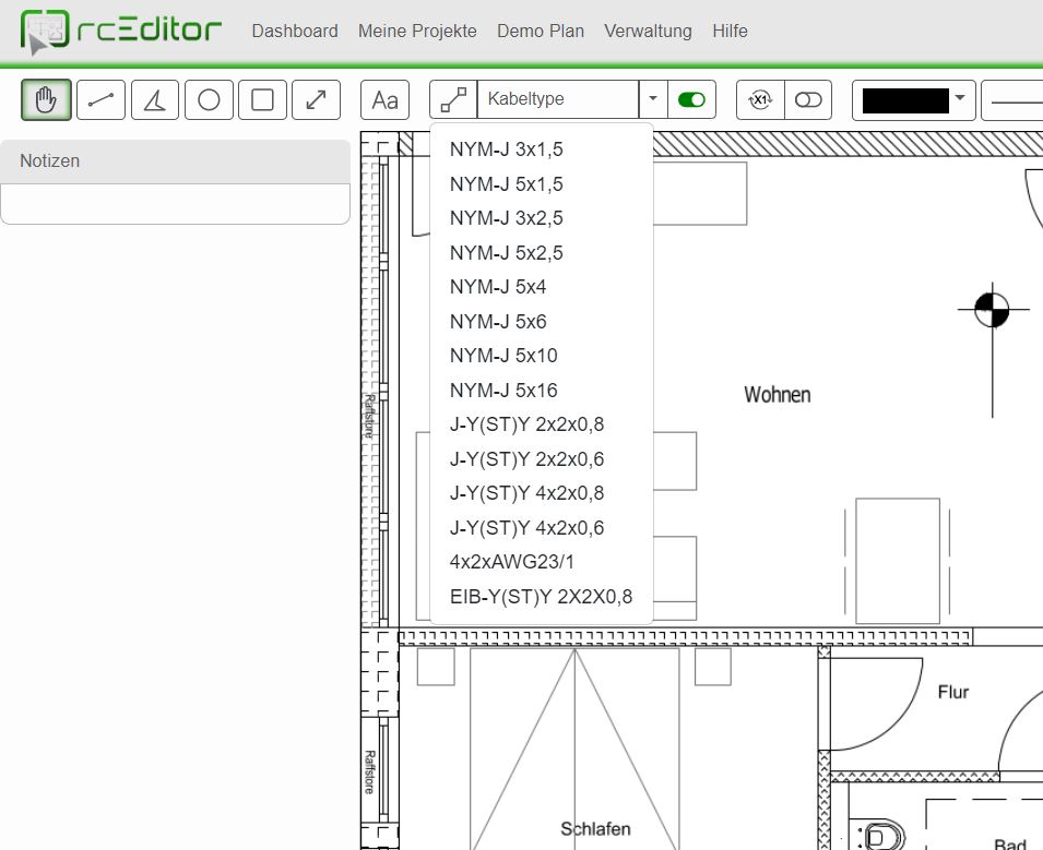 Kabeltypen im rcEditor