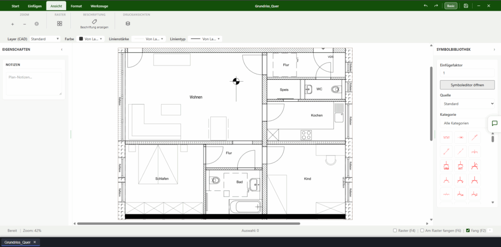 CAD-Grundriss einer Wohnung mit Raumaufteilung